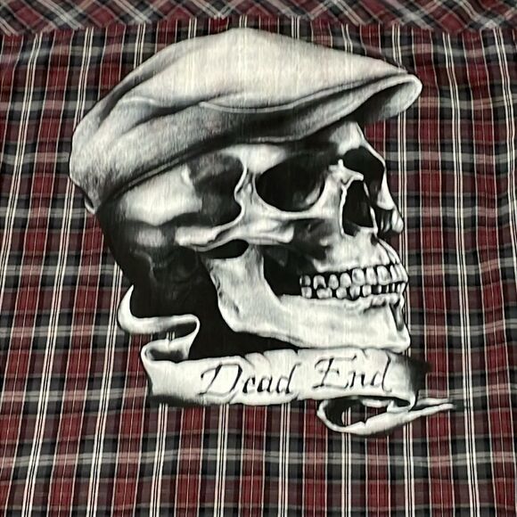 Men’s Dead End Black Market Art Skull Shirt, short sleeve button up plaid, XL - Picture 2 of 8